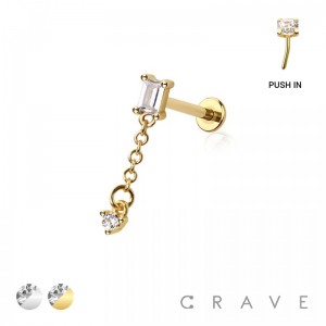 CZ BAGUETTE ROUND CZ DANGLE CHAIN TOP 316L SURGICAL STEEL THREADLESS (PUSH IN ) LABRET SET